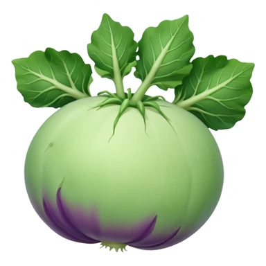 whole kohlrabi, round, slightly flattened, smooth pale green or light purple skin, a few short leafy stems at the top, firm with gentle bumps and faint lines, soft lighting, emoji scale sticker