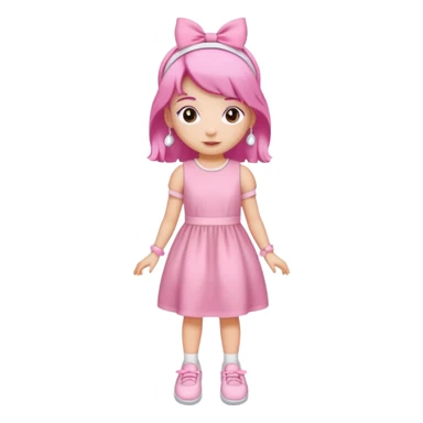 A girl wear a a pink pink dress and pink wacth and a pink hairband and a white shoes sticker