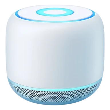 Modern Apple-style smart speaker, elegant and minimalist design with soft glow on top sticker