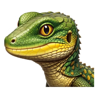 cinematic-realistic-cute-monitor-lizard-portrait-emoji,-head-tilted-playfully-and-inquisitively,-featuring-a-compact,-agile-body-with-finely-detailed,-glossy-scales-in-earthy-olive-hues-and-a-distinct,-alert-face-with-bright,-curious-eyes, yellow, brown spotted and green multi coloured  scales sticker