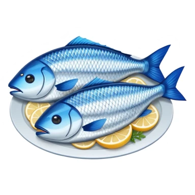 Fish dishes avatar in bright emoji-style illustration. Grilled fish, fillets, and seafood, blue and silver tones, simple shapes, flat design, fresh and flavorful. sticker