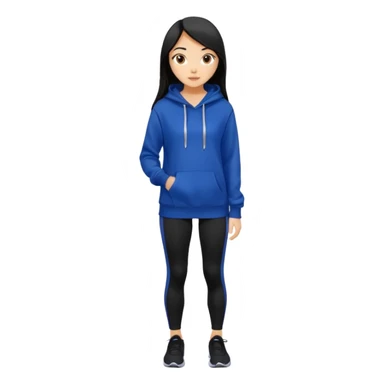 A pretty white/asian tanned girl with medium long strait dark brown almost black hair wearing a royal blue hoodie and black leggings  sticker