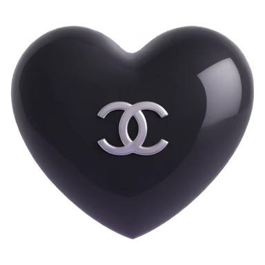 Apply a silver Chanel logo on the heart, keep it elegant, glossy, black and white, 3D emoji style, with no background. sticker