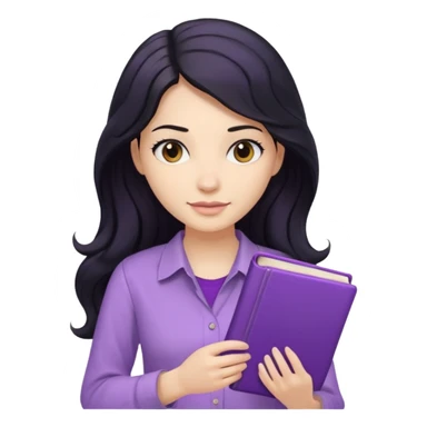 Long Hair Women with purple Book, Black wavy hair, beige shirt sticker