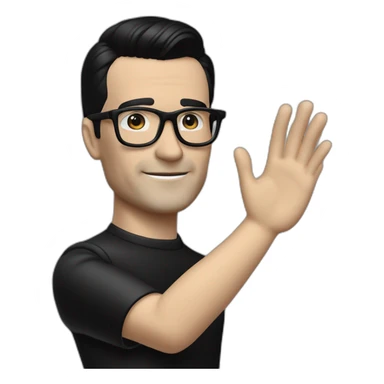 small photo realistic right arm waving Ralf Hutter from Kraftwerk, short straight black hair, Dark Brown eyes, black glasses, thin, black shirt, left side view sticker