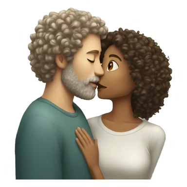 Curly haired woman kissing white man with beard sticker