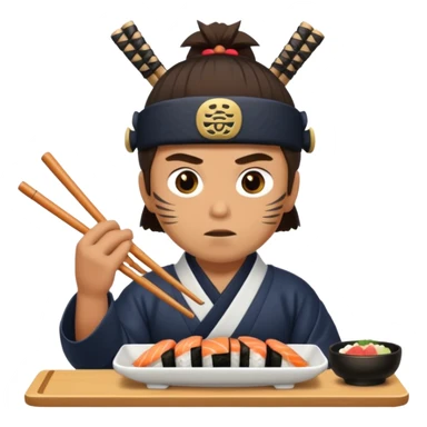 Man with wide eyes eating sushi in a samurai outfit sticker