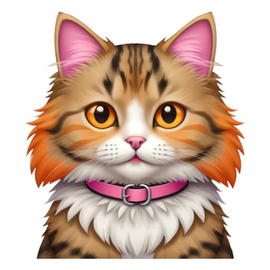 a fluffy tabi cat with a pink collar sticker