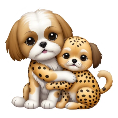 Shih tzu hugging a stuffed animal that is a cheetah sticker