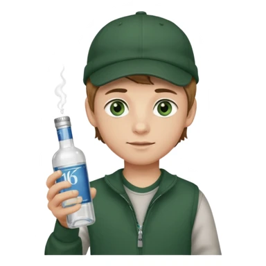garçon avec yeux vert foncé qui a une puff 16k jnr à l’un main et une bouteille de vodka à la main avec une coupe casquette et les cheveux chatin clair  sticker