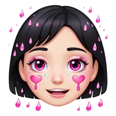 black hair girl crying with pink glitter tears, smiling, emoji style sticker