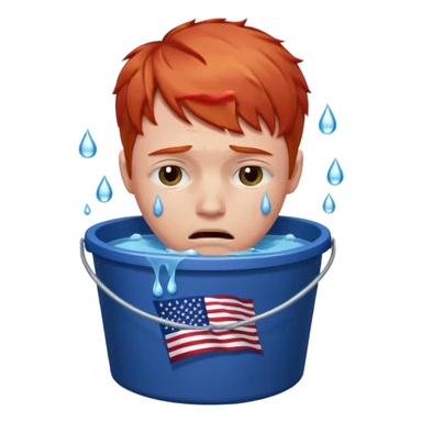 short red haired man crying into bucket with USA flag on it sticker