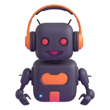 Smiling robot support assistant with headphones in messaging interface sticker