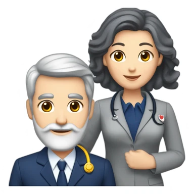 husband classy caucasian 55 dark gray hair trimmed beard wearing navy blue business suit holding bible, with wife asian age 55 dark hair nurse uniform, no children sticker
