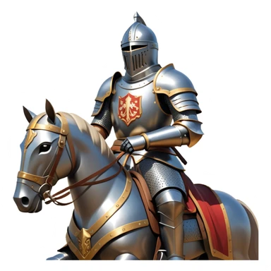 clash-of-clans-aesthetic_-cinematic-fearsome-and-majestic-knight-bust-portrait-emoji, rendered in a flat, vector-style with minimal shading and bold, simplified shapes, depicting a battle-ready medieval knight with steely eyes and intricate armor, mounted on a heavily armored warhorse with gleaming plated barding reflecting sunlight over a misty battlefield. sticker