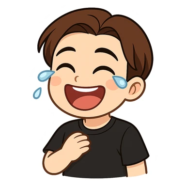 A cartoon man matching the reference image, laughing with 1-2 tears of laughter coming from his eyes. He wears a plain black t-shirt with no spots. Style: chibi stickers. sticker