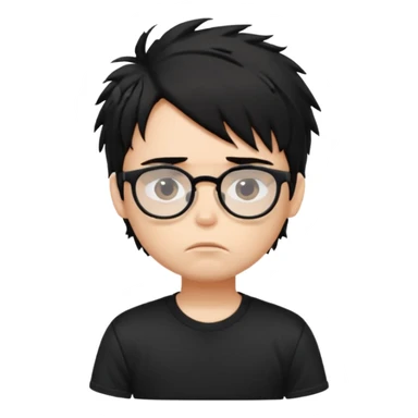 generate a pretty bratz fair skinned boy with black messy hair wearing a black tshirt looking bored n tired. Glasses on sticker