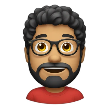 boy with black hair, round glasses, beard, red tshirt sticker