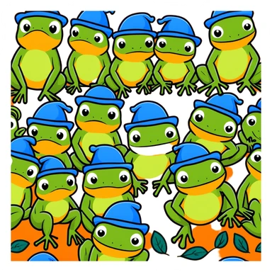 a family of frogs wearing blue hats, parent frogs and baby frogs all together sticker