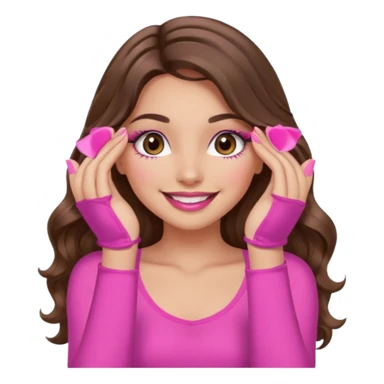 girl with long wavy brown hair, brown eyes, long lashes, sexy pink lips, light to medium complexion, wearing a pink sexy top, smiling, hands covering the eyes sticker