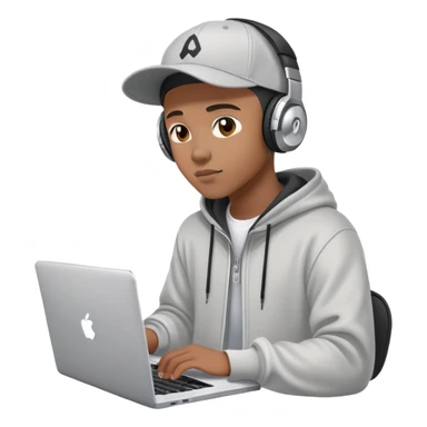 rapper developer with hoodie, baseball cap, headphones and laptop coding sticker