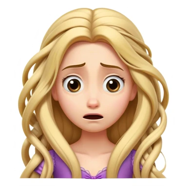 Cinematic Funny Rapunzel Portrait Emoji, Looking exhausted while tangled in her own hair, a dramatic sigh, eyes rolling with humorous exasperation, a hilariously relatable moment for the long-haired princess! sticker