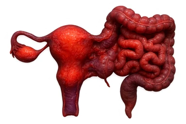 utero umano anatomico iperrealistico e intestino umano anatomico iperrealistico hanno in comune il dolore e l'infiammazione, rendi bene il collegamento tra i due organi doloranti, falla iperrealistica, non disegnata, fai colori che si adattano a questo viola #971ef1 sticker