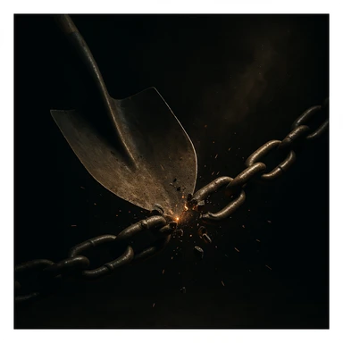 a shovel breaking a chain, dramatic lighting, semi-realistic sticker