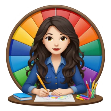 female dark wavy long hair graphic designer , big color wheel behind , pens, papers, desktop sticker