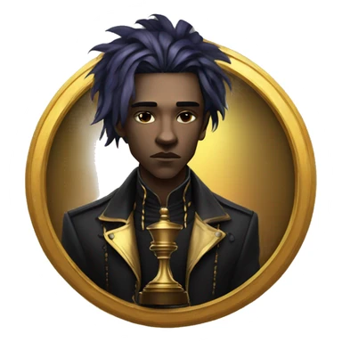 Hamlet young skinny sad man iridescent hair wearing raven feathers with a gilded hourglass and golden flames yin yang chess board sticker