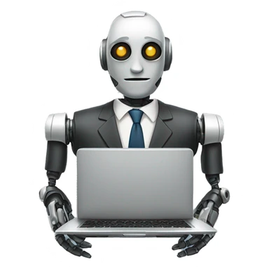 robot in a suit with head tilted using a laptop sticker