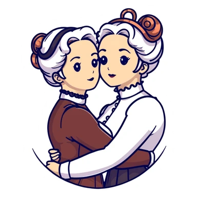 Two Victorian women embracing, one with white coiffed hair and one with copper coiffed hair, both with light eyes, wearing Victorian high-neck dresses sticker