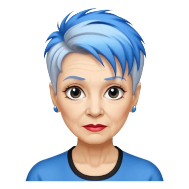 reife frau, achtzigJahre alt kein kind! freche extreme schwarze Kurzhaarfrisur eine Seite wirklich fast keine Haare andere Seite mit blauer Strähne kurze Seite noch viel kürzer sticker