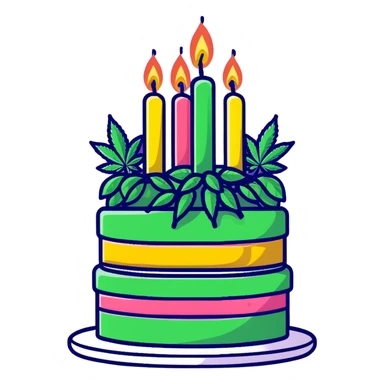 Festive birthday cake with cannabis leaf decorations and birthday candles sticker