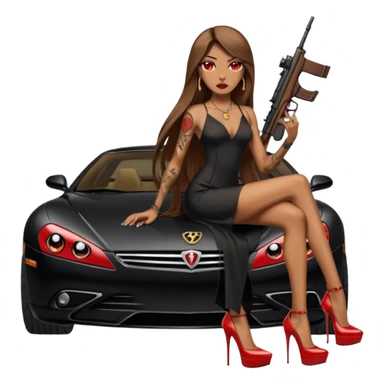 Lilith tan skin female red eyes symbol. Tattoo arms. Her hair is brown straight long hair.wearing sexy long sexy dress with slit. black stiletto thick platform high heels shoes on. Sitting on gold giant luxury car with cash inside . She is holding a sniper rifle in one hand cash in other hand sticker
