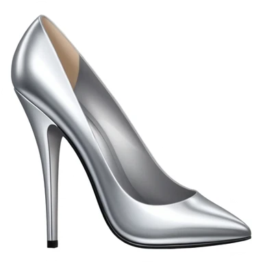 A pair of high heel shoes emoji made of polished silver chrome, elegant sharp silhouette, smooth metallic surface, glossy reflections, luxury sexy vibe, minimalistic iOS emoji style, centered, clean white background sticker