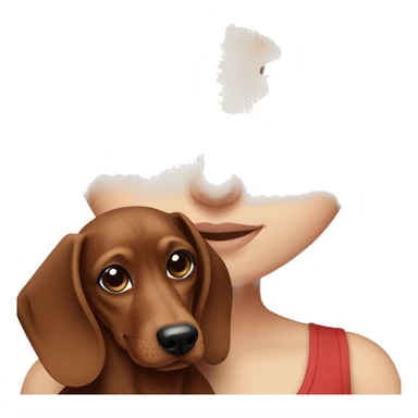 White girl with straight brown hair and blue eyes holding a red dachshund  sticker