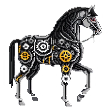 Horse constructed from mechanical parts, gears, cogs, wires, and ropes, steampunk aesthetic sticker