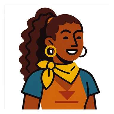 boho girl with brown skin, long curly brown hair in a high ponytail, lemon yellow scarf, round earrings sticker
