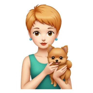Woman with a pixie hair cut Holding a Pomeranian  sticker
