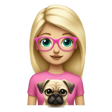 Blond girl who has teal eyes  with pink glasses wearing  a pink shirt holding a pug  sticker