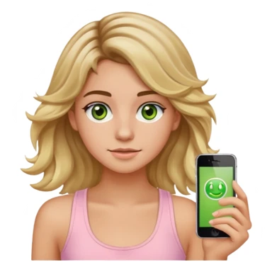 20-year-old girl with long wavy hair brown roots blonde highlights green eyes brown eyebrows good summer tan iPhone emoji style can you make her wear a light pink tank top sticker