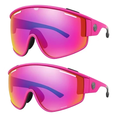 sporty neon pink shield visor sunglasses with thick frame and integrated strap, extremely robust design, substantial build, one-piece mirrored lens sticker