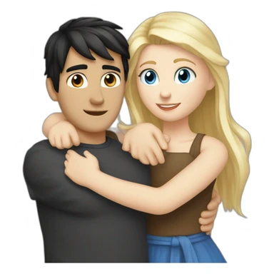 blond white girl with blue eyes hug white boy with black hair with pony-tail sticker
