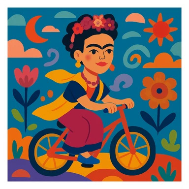 Frida Kahlo on a bicycle, whimsical, surreal elements, vivid palette, iconic unibrow sticker