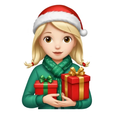 a girl wearing a chirstmas jacket and scarf and holding a christmas gift sticker