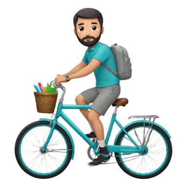 a man with a grey backpack and a torquoise byciycl and he has black shot=rt man hair and a beard with a polo grey shirt and dress pants and hes riding it sticker