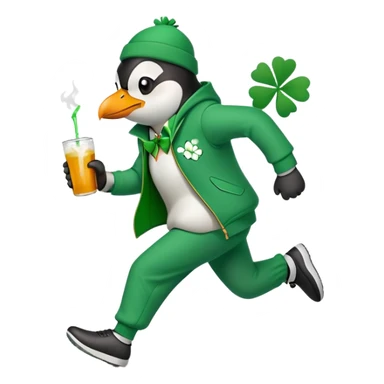 full body friendly anthropomorphised penguin wearing green mafia-style tracksuit, angry, running aggressively, shamrock accessory, no drink sticker