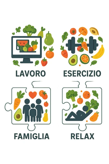 Puzzle (Lavoro, Esercizio, Famiglia, Relax), in lavoro metti icona di un PC, in Esercizio un Manubrio, in Famiglia una famiglia, in Relax qualcuno che riposa and healthy foods are integrated into each piece. in italiano sticker