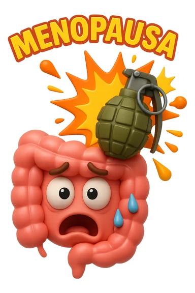 EMOJI STILE IPHONE 3D DI INTESTINO 3D CON ESPRESSIONE SPAVENTATA IN VOLTO MENTRE ACCANTO A LUI SCOPPIA UNA GRANATA 3D CON LA SCRITTA "MENOPAUSA" SOPRA, FAGLI ANCHE LA PARTE BIANCA DEGLI OCCHI, NON SOLO LA PUPILLA sticker